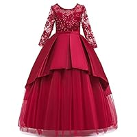 MYRISAM Little Big Girls Applique Lace Princess Pageant Dresses Long Sleeve Bridesmaid Wedding Party Birthday Long Gown Deep Red 7-8T