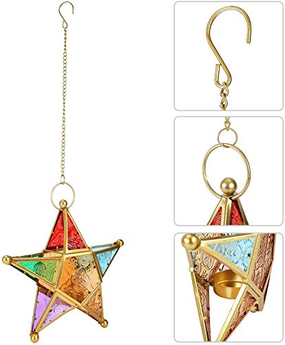 Vintage Moroccan Style Decorative Candle Lantern, Colorful Glass Hanging Holder with Golden Finish for Home Garden Terrace