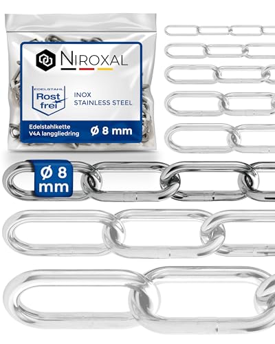 Edelstahlkette V4A A4 langgliedrig DIN 763 / DIN 5685 – 8 mm x 10 m – 1 Stück – für schwere Aufhängungen