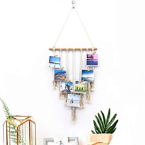 Ssmling Bohemian Photo Display Wall Hanging, Macrame Picture Hanger Organizer for Home Decorative, Boho Picture Frames Collage Decor with 25 Wood Clips Textile Family Art Decor Gift