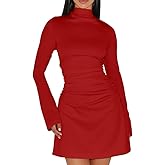 HYZ Women's Sexy Long Sleeve High Neck Ruched Waist Going Out Work A Line Mini Dress