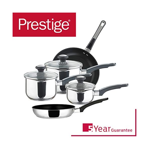 Prestige-Everyday-Cookware-Set-Stainless-Steel-5-Piece-Non-Stick Prestige Stainless Steel Non Stick Pots and Pans Set of 5 - Suitable as Induction Hob Pan Set with Straining Lids…