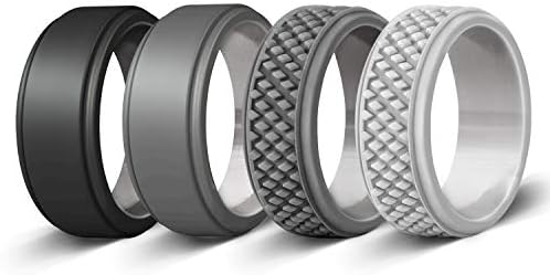 Silicone Wedding Ring for Men, Gym Sports Leisure Work, Crosshatch & Mid-Raised, Rubber Wedding Rings, 4 Pack