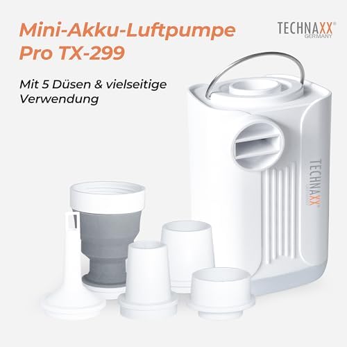 Mini Akku-Luftpumpe Pro TX-299-3600 mAh Wiederaufladbare Elektrische Luftpumpe mit Powerbank, LED-Licht, 5 Düsen, Aufbewahrungstasche - Tragbare Kabellose Luftpumpe für Aufblasbares
