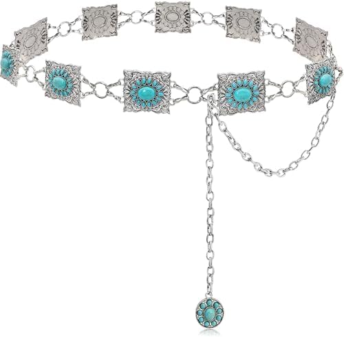Vintage Western Metal Waist Chain Link Belt with Turquoise  display picture 3