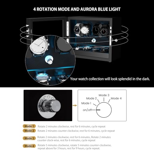 DUKWIN Watch Winder for 4/6/8/12 Automatic Watches, Lockable Automatic Winders with Extra 4/6 Watch Storages, 4 Rotation Modes, Quiet Mabuchi Motor, Sfot Watch Pillows and Blue Backlight