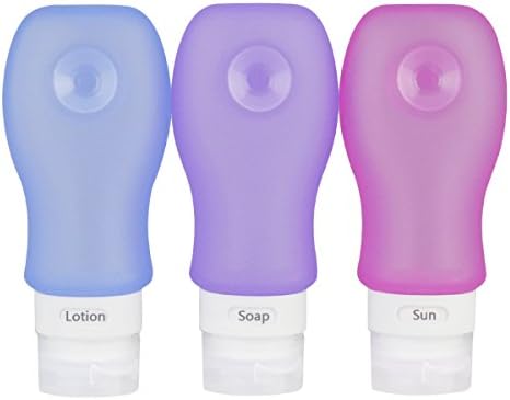 Travel Bottles Set, BPA Free Leak Proof Refillable Portable Soft Silicone Bottle Container with Clear EVA Travel Bag for Cosmetics , Shampoo, Lotion, Toiletries, Pack of 3 ( 3 OZ ) - with Sucker