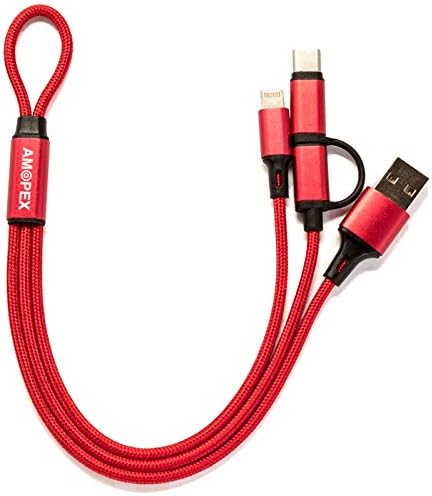 AMOPEX Multi USB Charging Cable O-ring Design Nylon Braided 1-feet Long with Lightning Micro-USB and Type-C Ports (3-in-1) for iPhone Android Typce-C Devices