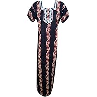 Mogul Interior Women's House Dress Neck Embroidered Cotton Blue Evening Wear L
