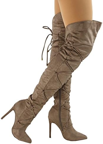 Paris Peach Julia-1 Wrap Around Lace Up Pointy Toe Stiletto Heel Over The Knee High Boots - Exclusive by Room Of Fashion - Taupe (10)