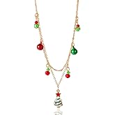 Layered Red Green Jingle Bell Ball Chain Pendant Necklace for Women Gold Plated Twinkle Bells Tassel Charms Drop Chains Choker Necklaces Adjustable Fashion Christmas Holiday Festival Ornament Jewelry