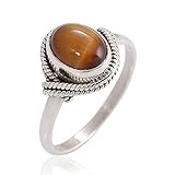 Chuvora 925 Sterling Silver Tiger Eye Gemstone Oval Rope Edge Vintage Band Ring Size 6, 7, 8