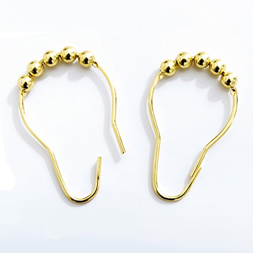 Shower Curtain Hooks Rings, Brushed Gold Decorative Rust Proof With Roller For Bathroom, Wardrobe, Closet, Bathtub, 100% No Rust, Set Of 12 Rings, By Mystic Home.