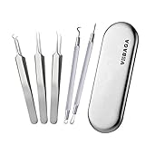 VOBAGA Blackhead Remover Pimple Comedone Extractor Tool Curved Acne Removal Kit,Treatment for Blemish,Whitehead Popping,Fat Particles,Zit popper with Silver Metal Case (Tweezers Kit 5pcs)