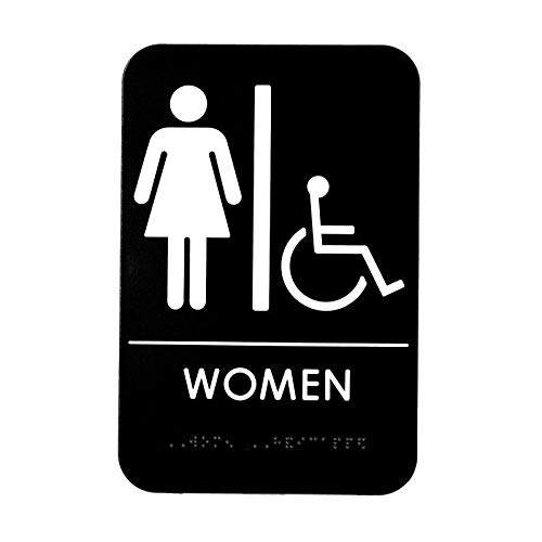 Alpine Industries Women's Braille Handicapped Restroom Sign - Self Adhesive Black & White Bathroom Door Plate - Placard for Restaurants & Public Ladies Room