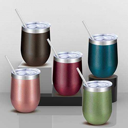Blingco 12 oz Stainless Steel Stemless Wine Glass Tumbler with Lids and Straws, Unbreakable Double Wall Cup Insulated Tumbler for Wine, Coffee, Drinks, Cocktails, Champagne(Blue Green) - Thumbnail 6
