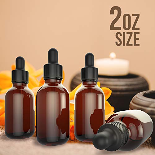Essential Oil Bottles - Round Boston Empty Refillable Amber Bottle with Glass Dropper for Liquid Aromatherapy Fragrance Lot - (2 oz) 60ml ... (4 Pack)