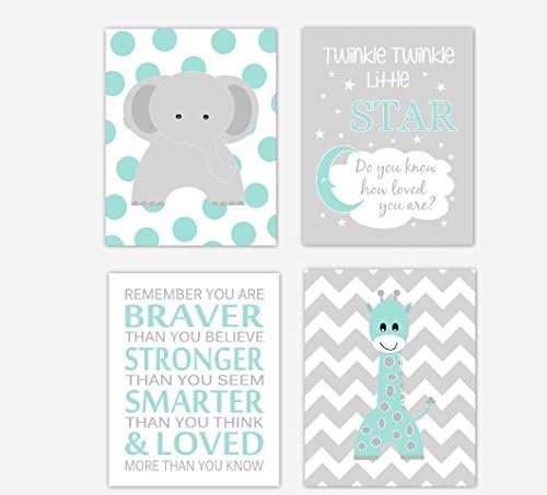 Green Baby Nursery Art Elephant Giraffe Safari Jungle Zoo Animals Baby Nursery Decor SET OF 4 UNFRAMED PRINTS