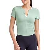 G4Free Workout Tops Short Sleeve Half Zipper Slim Fit Athletic Shirts Woman Yoga Sports Gym Running Crop Shirts (Bean Green,M)