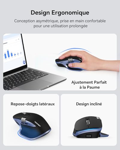 TECKNET Bluetooth Mouse, Ergonomic Wireless Mouse with 3 Modes (BT5.0/5.0+2.4G), Rechargeable, 4800 DPI Adjustable with Side Wheel Silent Mouse for Computers, Mac, PC, Windows, Blue