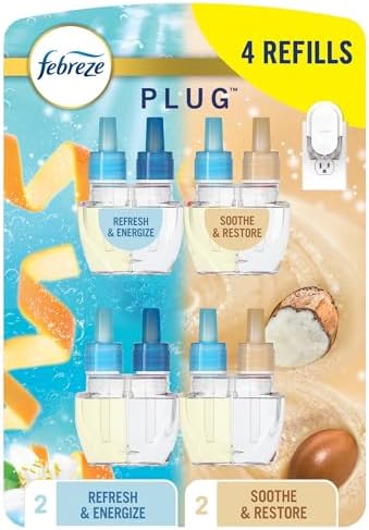 Febreze Plug In Air Freshener, Odor-Fighting Scented Oil Refill For Home, Bathroom, & Kitchen, Long Lasting, Refresh & Energize and Soothe & Restore Scents, 0.87oz Refills, 4ct (2 of Each)