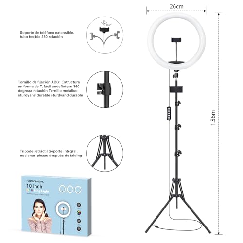 KOSCHEAL Light Ring with Tripod,Selfie Ring Light 10” Adjustable 1.8m and 37 Modes RGB Colors,Adjustable for Selfie,Makeup,Tiktok,Smartphone Compatible