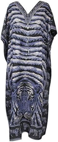 Risi Women's Tiger Pint Boho Kaftan, V-Neck Kimono Hippy Abaya Maxi Caftan Dress, One Size / Free Size Blue