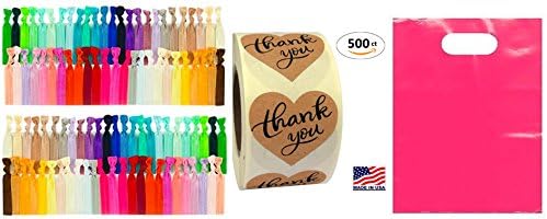 Elastic Ribbon Hair Ties 100ct No Crease Ouchless Ponytail Holders, Girls &amp; Teens, w/1.5" Heart Shape Thank You Labels, 500 Stickers per Roll,w/100ct 9x12 pink merchandise boutique goody shopping bags