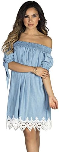 Babe Society Women's Denim Lace Trimmed Off Shoulder Chambray Dress Small