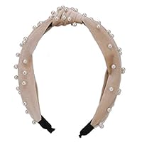 Syhonic Cloth Top-knot Pearl Embellished Headband Women Girls Wide Hair Hoop Vintage Headwear Hair Accessories(Beige)