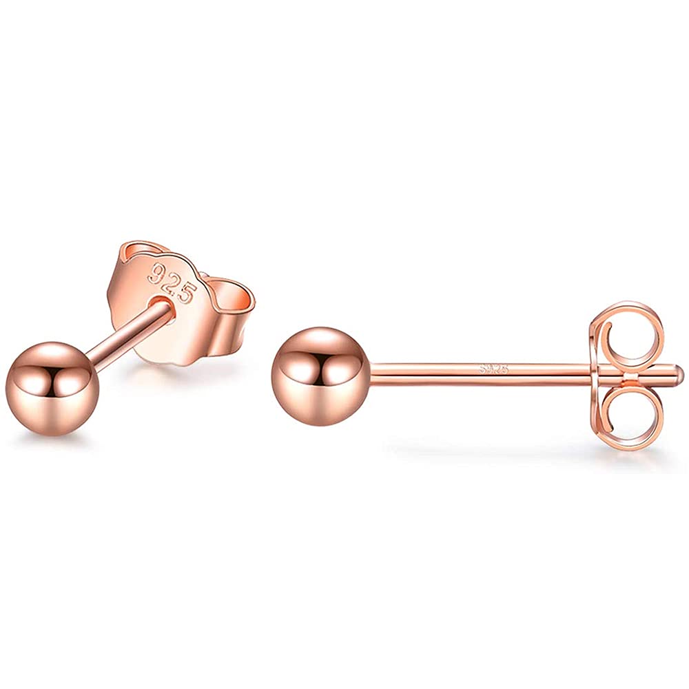 PRETTERY Rose Gold 925 Sterling Silver Round Ball Stud Earrings for Women Girls