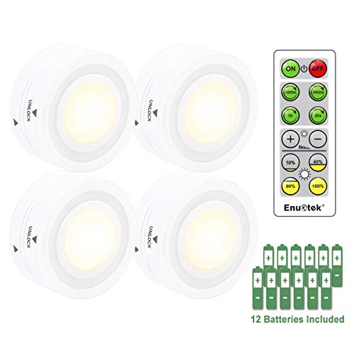 Wireless Remote Control LED Puck Night Lights LED Cabinet Lamps with Dimmable and Timer Functions Warm White Lighting 4 Lamps and 1 Remote by Enuotek