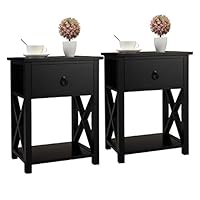 JAXSUNNY End Table Side Table Wooden X- Shaped Nightstand with Drawer and Storage Shelf, Black Night Stand,Set of 2