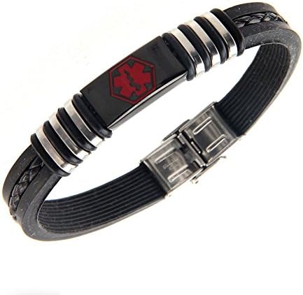 Men's Leather Bangle Black Stainless Steel Wrist Red Medical Alert ID Bracelet