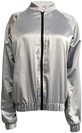WANTU Womens ONLY QUEEN Print Zip Up Satin Bomber Jacket (US 6-8, silver)