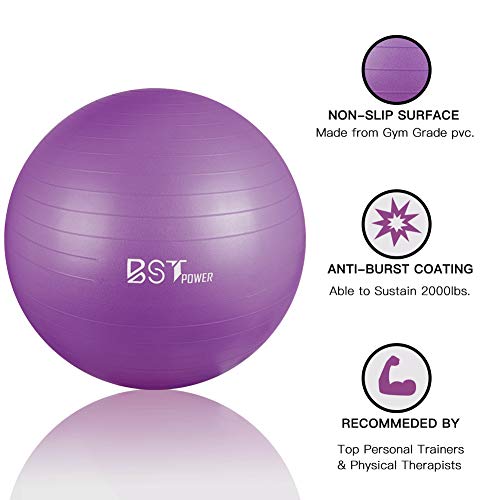 BST POWER Exercise Ball, 45-85cm Extra Thick Yoga Ball Chair, Anti-Burst Heavy Duty Gym Ball Stability Ball Birthing Ball with Quick Pump (Purple, 65 cm)