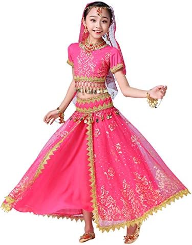 Belly Dancing Costume Pleated Dress Set for Women and Girls Halloween Indian Performence Suits 5-Piece Outfit