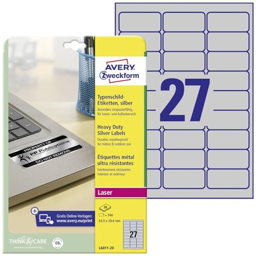 Avery Zweckform L6011-20 Heavy-Duty Labels 63.5 x 29.6 mm Weather-Resistant 20 Sheets / 540 Labels Silver