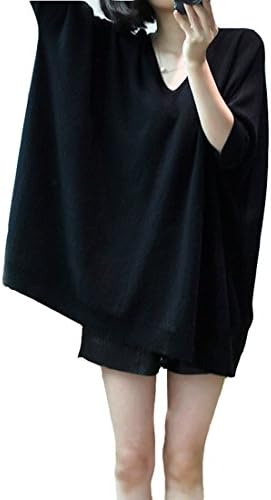 Jianai Women's V-neck 3/4 Batwing Sleeve Loose Casual Cashmere Sweater Free Size (Free Size, black)
