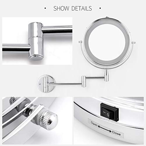 Wall Mounted LED Magnifying Mirror 5X Makeup 8" Lighted Double Side 360 Degree Vanity Magnification Swivel Extendable Mirror - Thumbnail 5