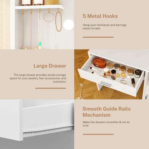 TEENFON Vanity Desk with Mirror and Lights, Makeup Vanity with Large Drawer, 4 Shelves and 5 Jewel Hooks, Dressing Table with Cabinet & Open Compartment for Bedroom, White