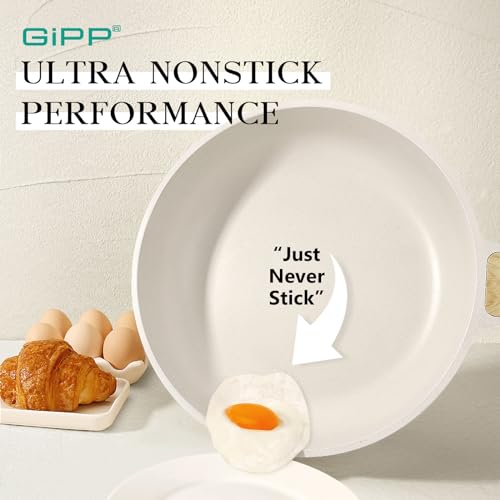 GiPP Nonstick Frying Pan Skillet - Granite Non Stick Pans, Healthy Granitestone Non-Stick Fry Pan Omelette Pan Egg Pan, Compatible with All Stoves, PFOA Free (White, 24CM)