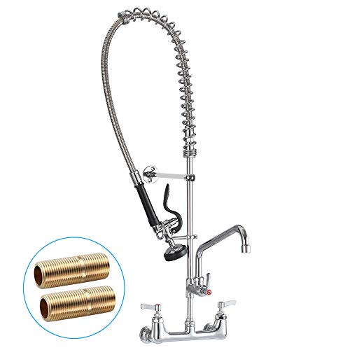JZBRAIN 8 Inch Center Commercial Faucet with Sprayer 42" Height Wall Mounted Pre-rinse Kitchen Fuacet Wall Mount Commercial Sink Faucet with 12" Add-on Swing Spout - Thumbnail 7
