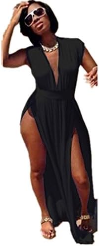 Qiuyun Women's Polyester Sleeveless Deep V Neck Clubwear Split Dress (XXX-Large, Black)