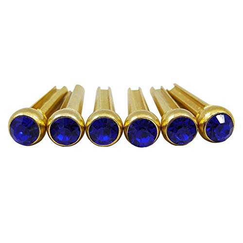Ireav 6pcs Brass Guitar Bridge Pins,Brass End Pin with Colorful Crystal Glass Dot for Acoustic Guitar Parts Replacement (Blue)