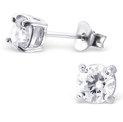 DTPSilver - 925 Sterling Silver Studs Earrings with Round Cubic Zirconia - 4 mm