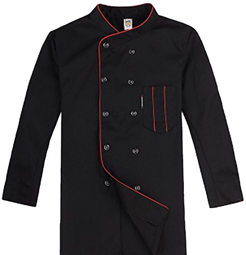 Short Sleeve Chef's Jacket Kitchen Cook Coat Stripe Uniforms 3Colors(Black, red, White) (X-Large, Black (Long Sleeve))