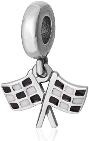 Charmstar Finish Line Racing Dangle Charm with White and Black Enamel Authentic 925 Sterling Silver Sport flag Pendant Bead for European Bracelet