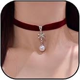 Snowflake Choker Necklace for Women Pearl Snowflake Pendant Necklace Elegant Snow White Red Velvet Choker Necklaces Christmas Holiday Winter Jewelry Accessories