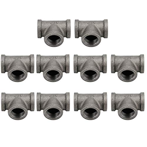 HighFree 10 Pack Iron Cast Pipe Fittings 1/2 inch Threaded Pipe Nipples Iron Industrial Piping Fittings for DIY Pipe Furniture (1/2 inch Tee)